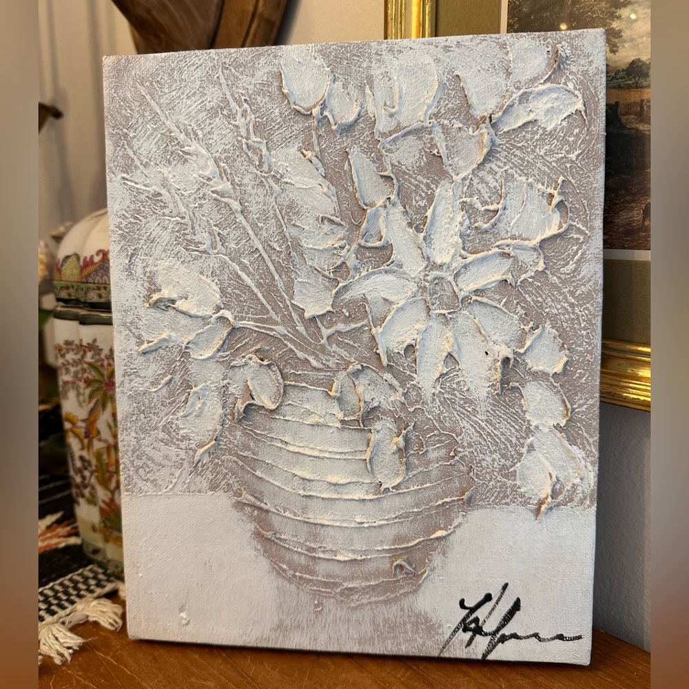 Vintage High Textured 3D Monochromatic White Floral Vase Painting Signed